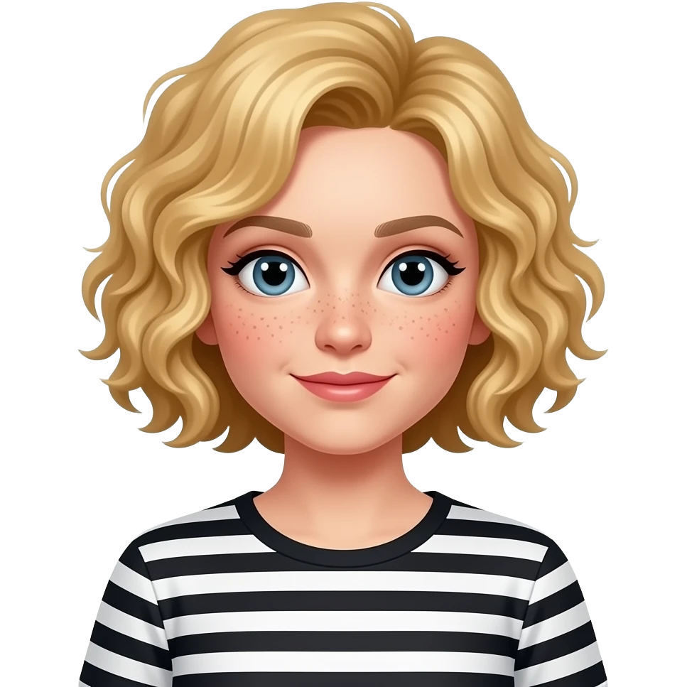 blonde curly bob red patches on cheeks in a black and white stripe shirt emoji
