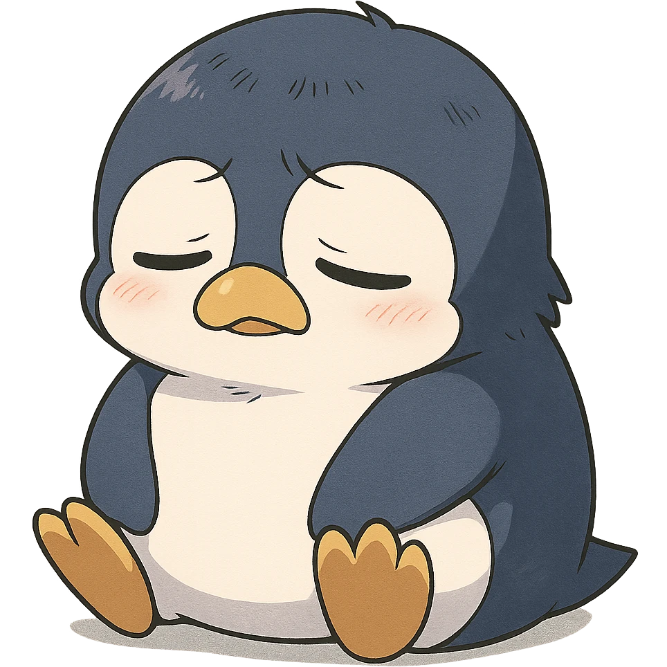 anime style penguin sleeping, looking sad emoji
