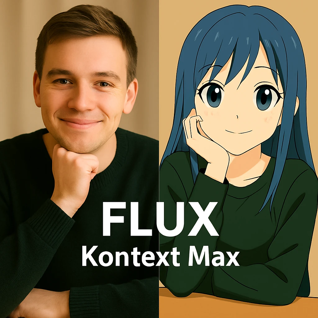 same similar image but chnage the text to "Flux Kontext Max", change people and pose too emoji