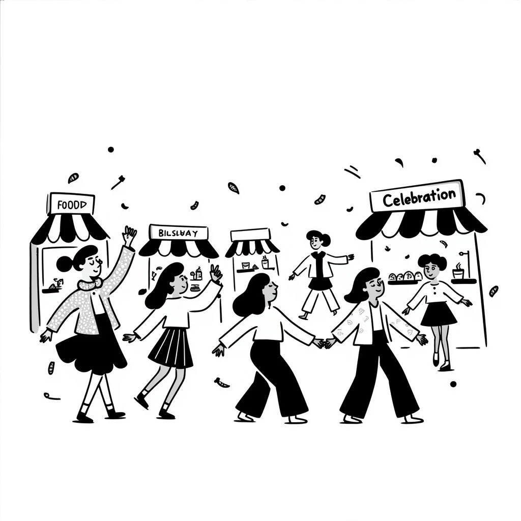 A lively festival celebration with people dancing, food stalls, and confetti emoji