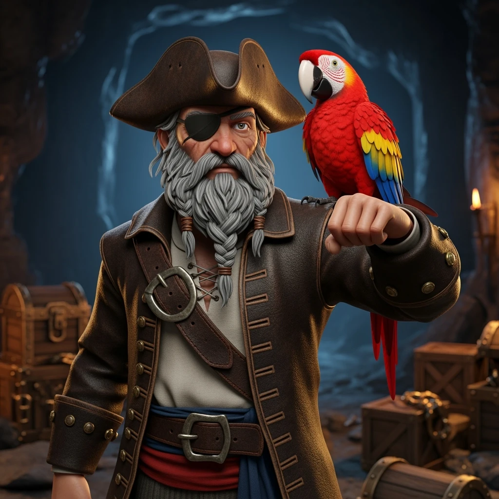3d art of a pirate with eye patch and parrot in  emoji