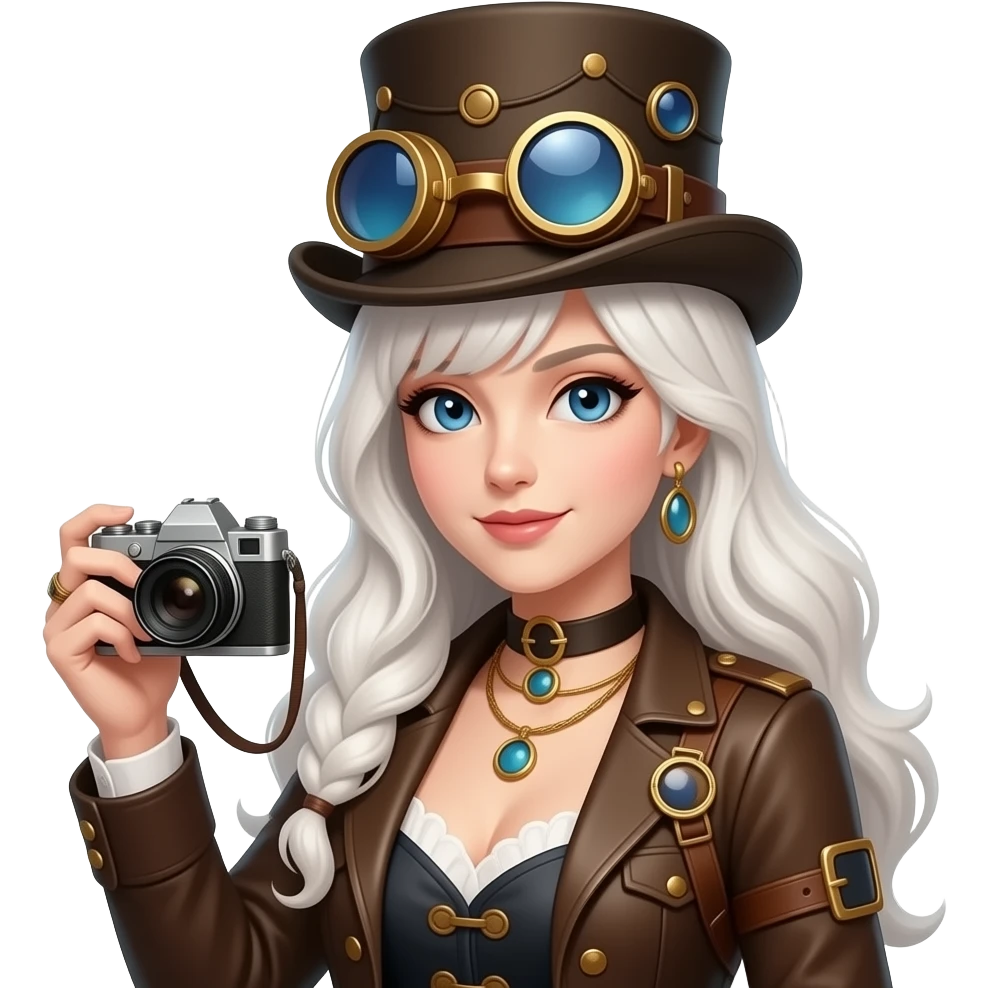 steampunk white haired lady with a camera wearing a steampunk top hat emoji