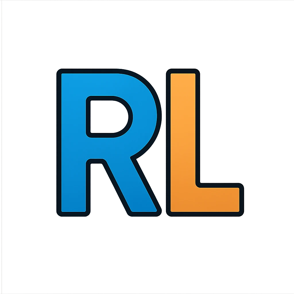 sleek professional logo with letters 'RL' in bold modern sans-serif font, balanced composition, clean lines, subtle metallic or gradient finish, transparent background, conveys reliability innovation for AI company emoji