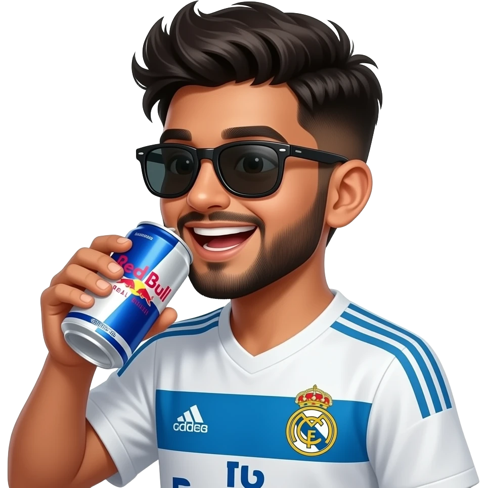 Indian boy giggling, young, late teens, with light trimmed beard, side fades with messy spikes hairstyle, drinking red watermelon Can Red Bull with big dark black wayfarers and Real Madrid 2015-16 away kit emoji