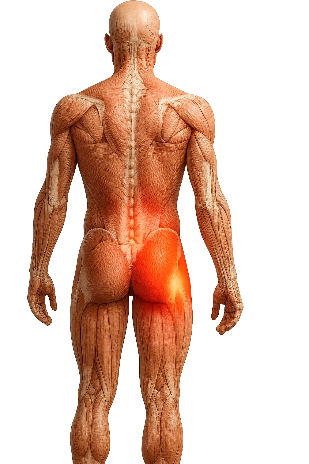 CORPO UMANO ANATOMICO A FIGURA INTERA REALISTICO DI SPALLE CON DOLORE ALLA LOMBARE INFIAMMATA, DOLORE ALL'ANCA, IPERREALISTICO 4K emoji