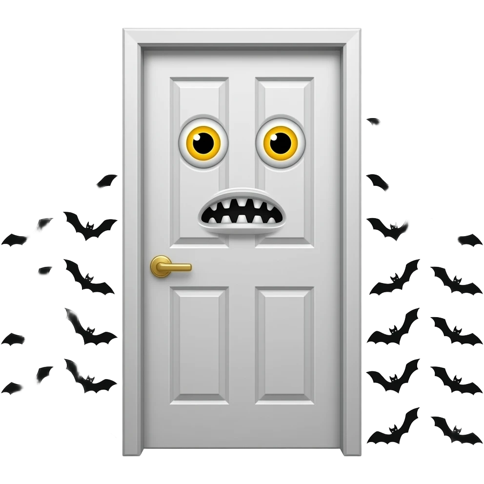 Uma porta que tem olhos amarelos e duas bocas com mil furos na sua porta e 1.000 morcegos rodeiam por essa porta esquisita emoji