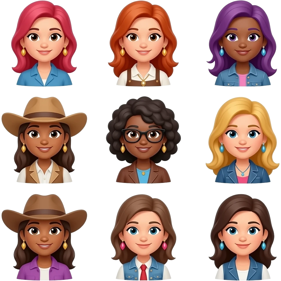 create 3d emoji of 12 women with different hair ,skin, eyes and western clothes, with small western earrings emoji
