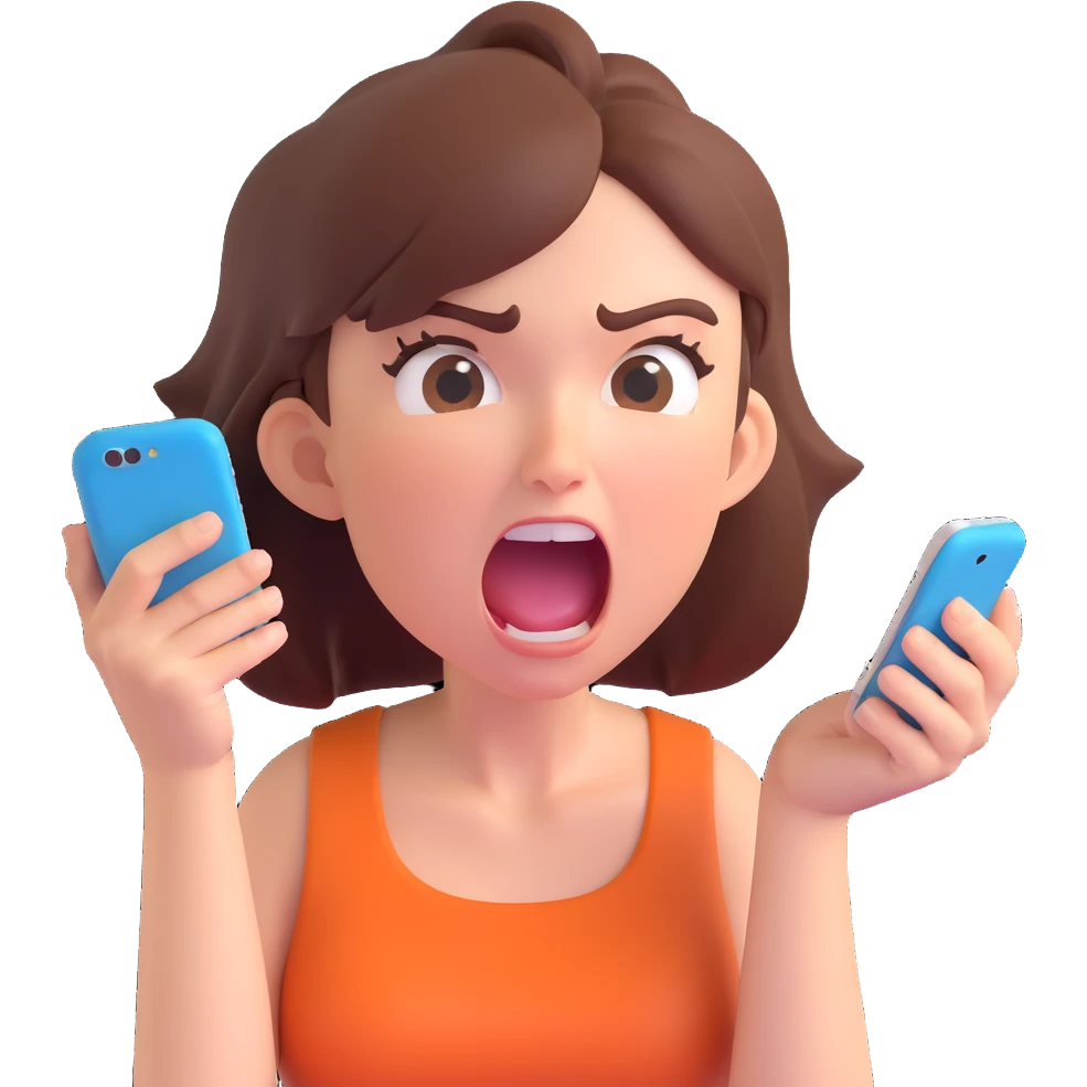 furious girl yelling into a smartphone, intense facial expression, energetic emoji