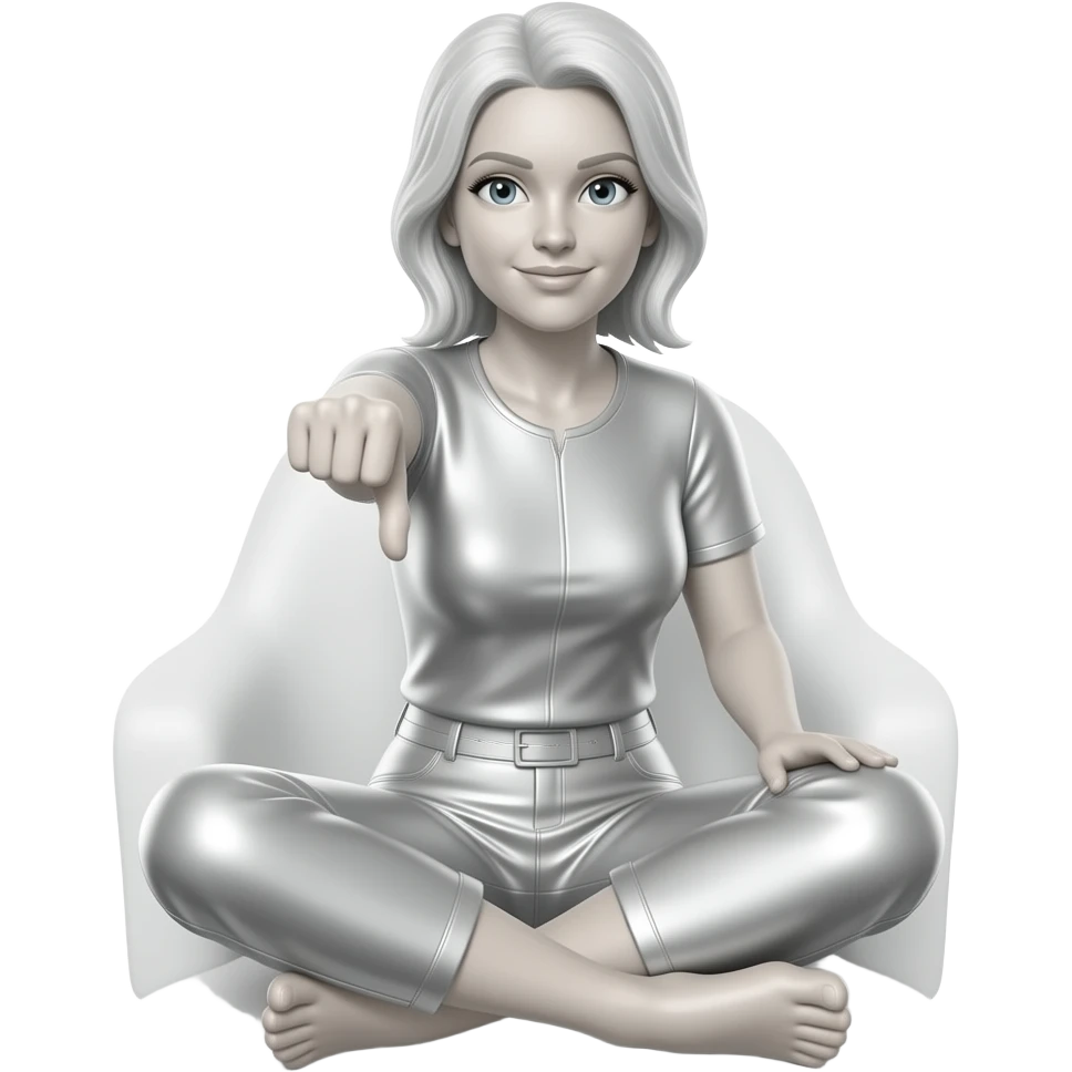 Create an emoji of a seated female figure in metallic silver. The woman is giving a thumbs-down gesture. The background is white. The final result must have maximum resolution, high contrast, and extreme sharpness. Illustration style: Vintage – Art Deco – 2D emoji