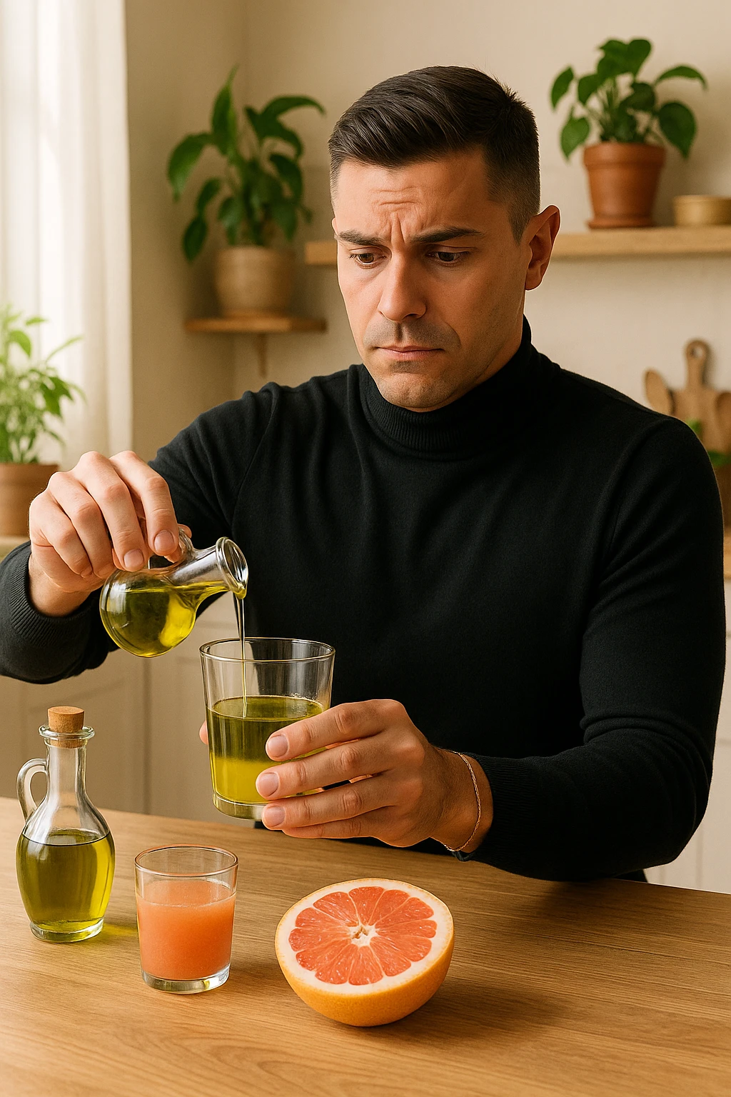 A realistic, warm-toned photo-style image of a man in his kitchen preparing a liver and gallbladder flush. On the counter, there is a small glass bottle of high-quality extra virgin olive oil with a rich green hue, and a freshly cut pink grapefruit with a small glass of its juice next to it. The man, in his mid-30s, looks focused and slightly apprehensive as he mixes the olive oil and grapefruit juice in a clear glass, preparing to drink it as part of a natural gallbladder cleanse. The background is clean, bright, and minimalist with wooden countertops, green plants, and sunlight coming through the window, giving a sense of natural health practices. The mood conveys a realistic moment of alternative health care, illustrating the preparation and intention for a natural flush to address gallstones, while maintaining a calm, educational, and hopeful tone emoji