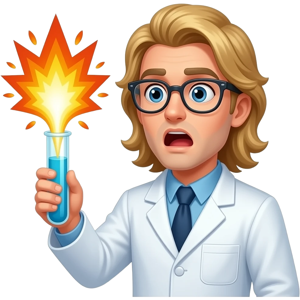 clean shaven male scientist experiencing a tube exploding by his long blonde hair emoji