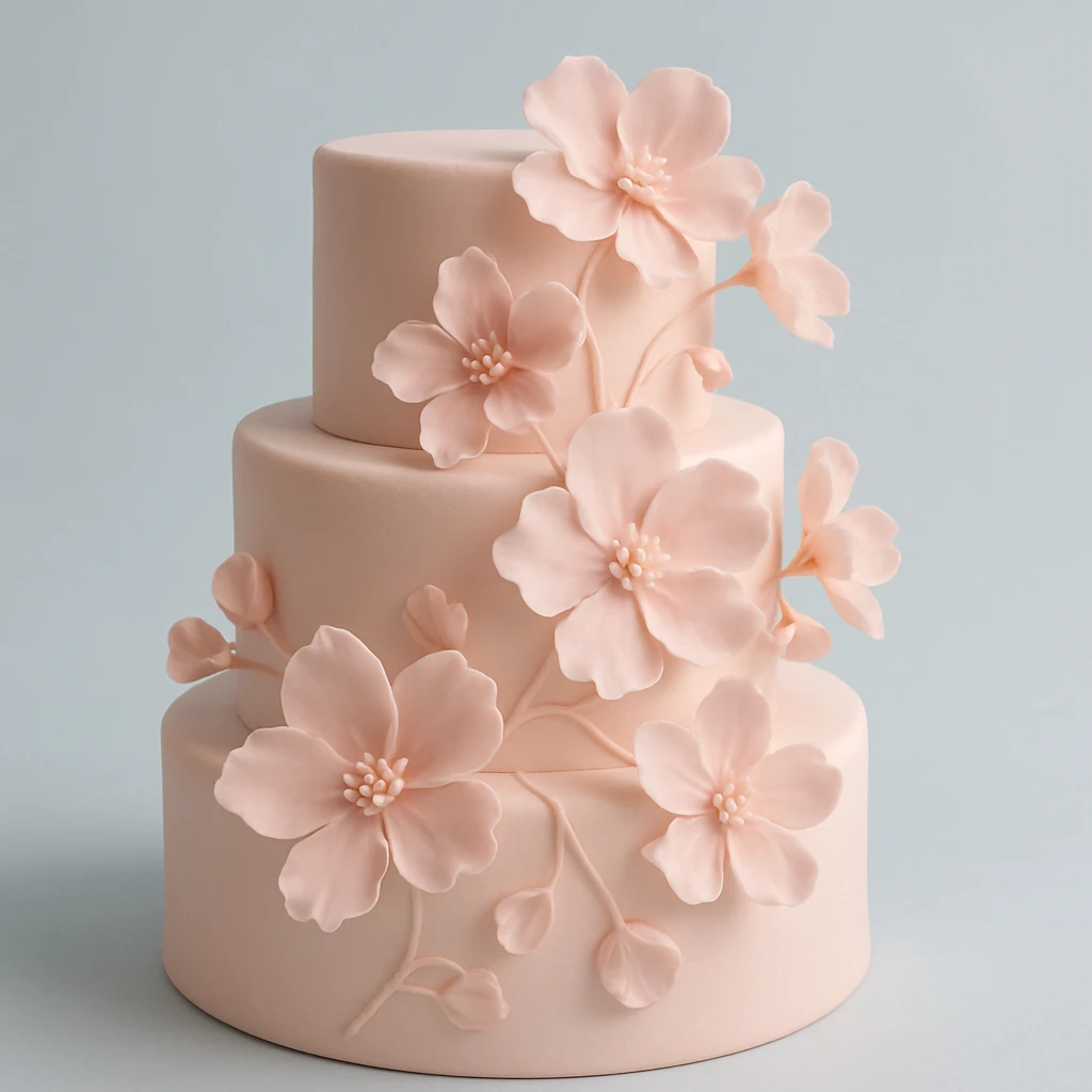 wedding cake with pink fondant flowers and a light blue background emoji