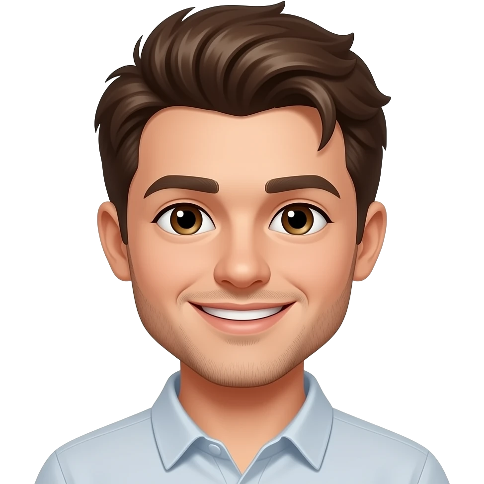 Cute guy with brown hair and brown eyes and five o clock shadow smiling emoji