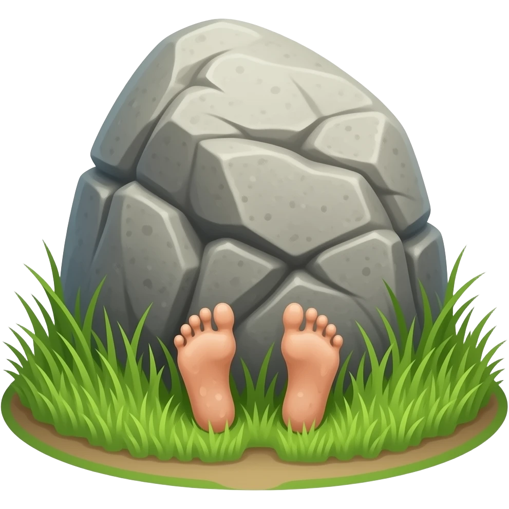 Muddy feet peaking out from behind a boulder on a lush hrassy surface situated by a hiking trail emoji