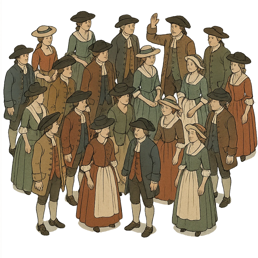 isometric full-body illustration of an 18th century crowd emoji
