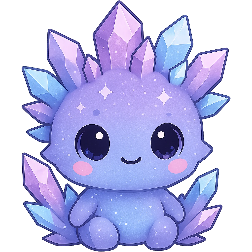 Create a kawaii chibi crystal sprite creature sitting, colored purple, blue, and pink. The creature should be cute and sparkly with a small body. Remove the background. emoji