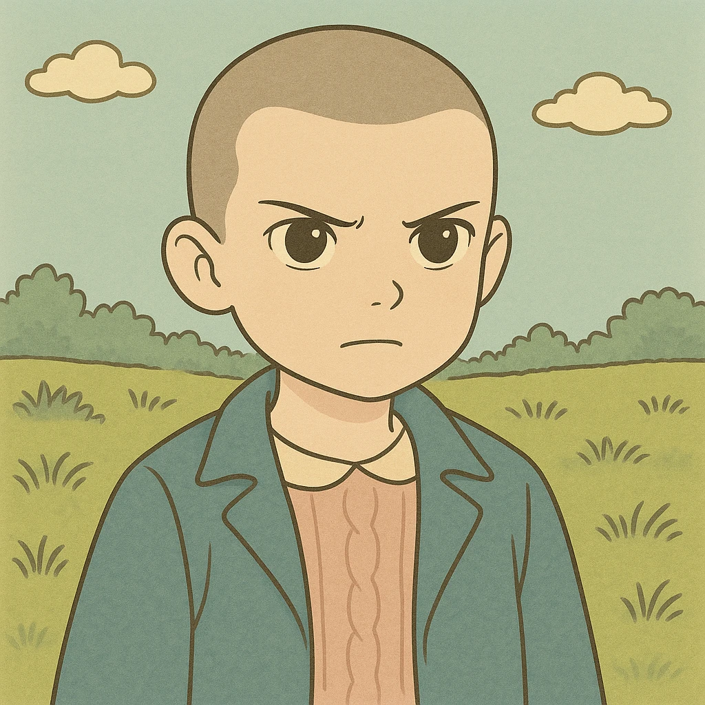 Variation of Eleven with shaved hair, serious expression, simple and delicate line art as in the reference drawing, colored in pastel tones, thick and dark contours, Ghibli style, 1:1 format, expression determined. emoji