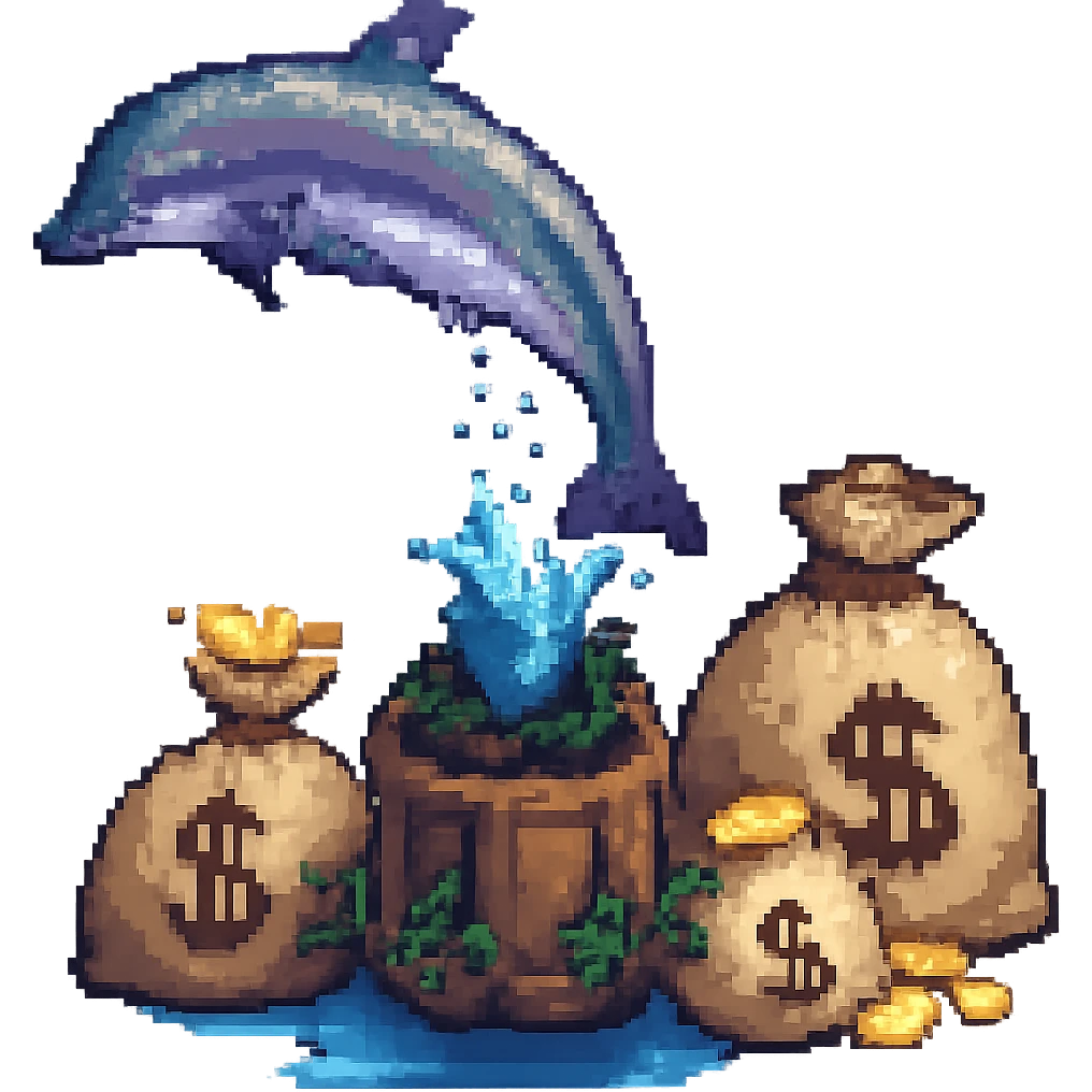 Add bags of money next to the dolphin in pixel art style, no background. emoji