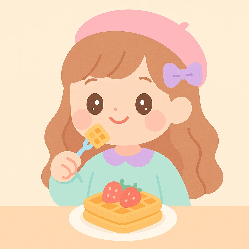 joven con look soft girl comiendo wafles con frutilla, fondo suave y cálido, colores pastel emoji