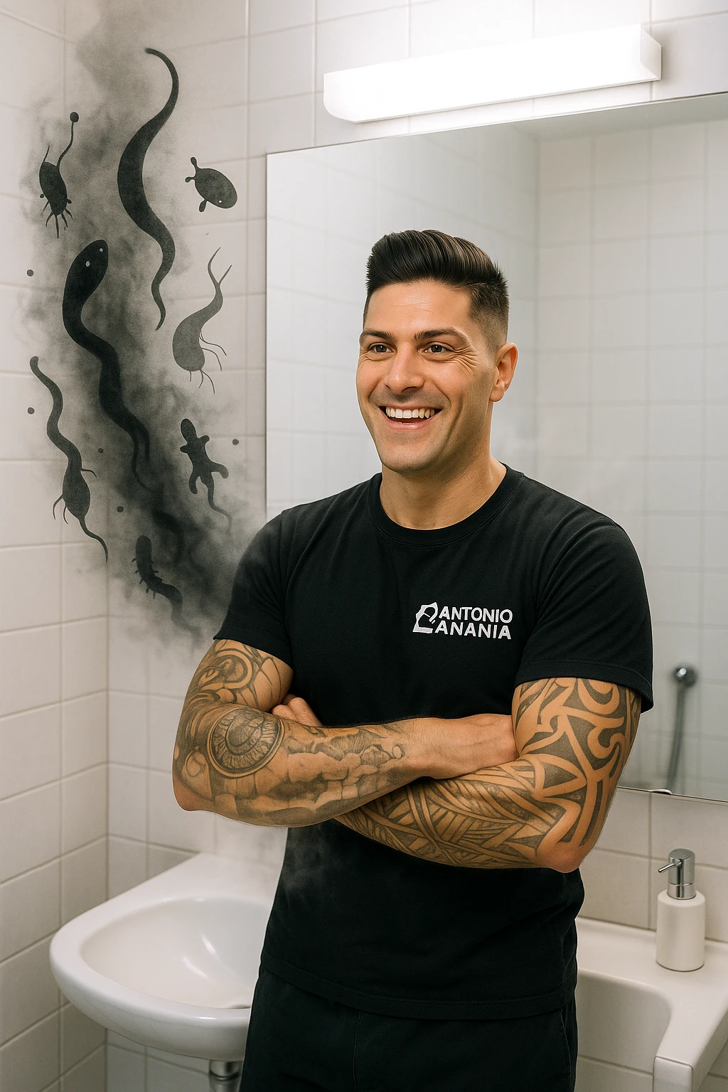 a man stands in a brightly lit bathroom, looking relieved and revitalized as he examines his reflection in the mirror. In the foreground, stylized, shadowy images of parasites (such as worms or protozoa) are shown leaving his body, dissolving into mist or fading away. His posture is upright and his expression is one of newfound energy and health. emoji