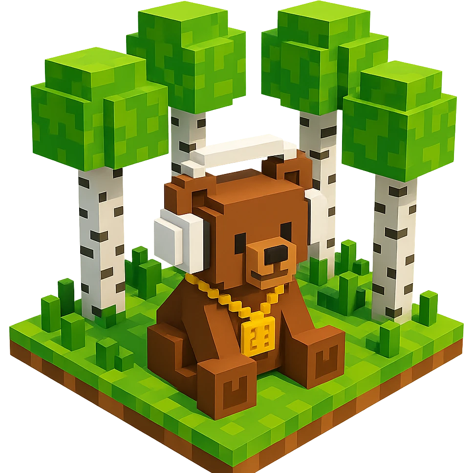 березовый лес, в котором сидит бурый медвежонок в белых наушниках (наушники должны закрывать уши медведя), на медведе цепь с подвеской "23", no background  emoji