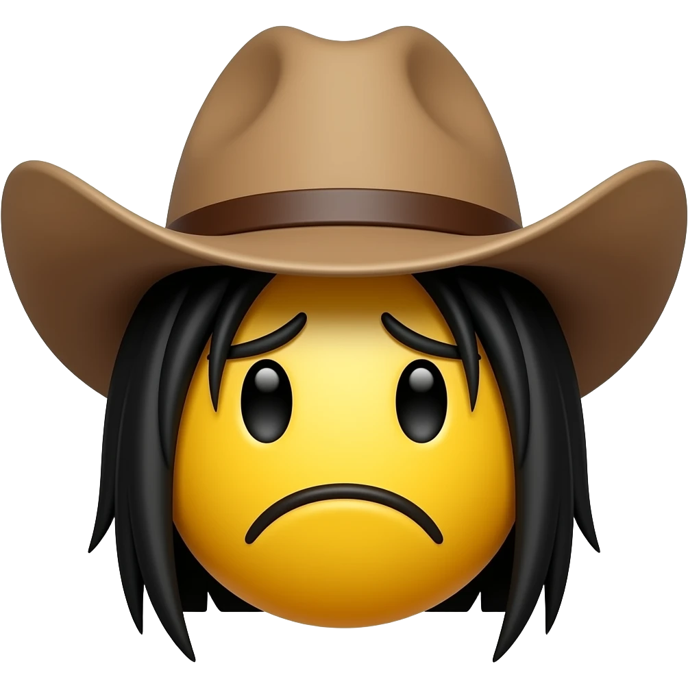 sad yellow faced emo emoji with a large black fringe wearing a cowboy hat emoji
