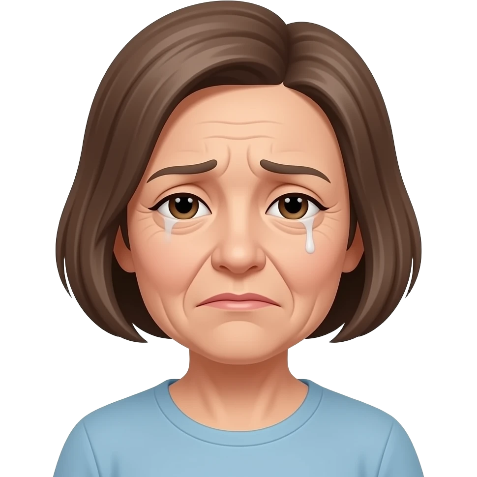 woman in her 70s with short brown hair peppered with grey who has droopy eyelids and a doubtful look on her face emoji