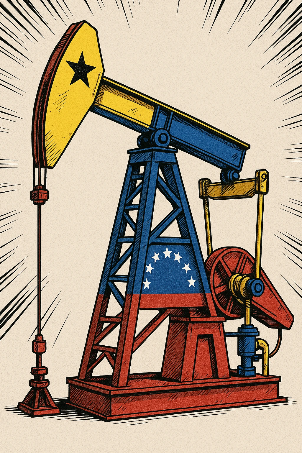 Сгенерируй мне нефтекачалку на однородном фоне, расскрашенную во флаг венесуэлы, в стиле японского комикса emoji