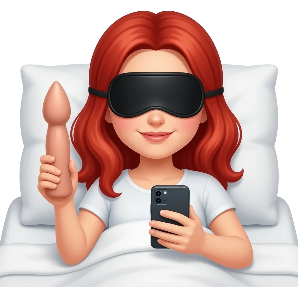 Dildo Red hair girl eye mask on head in bed looking at phone emoji