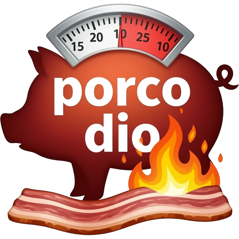 text large font size "porco dio" on a meter with a pig outline in the background, no values, only white to red display, meter to the max, explosion, fire, bacon emoji