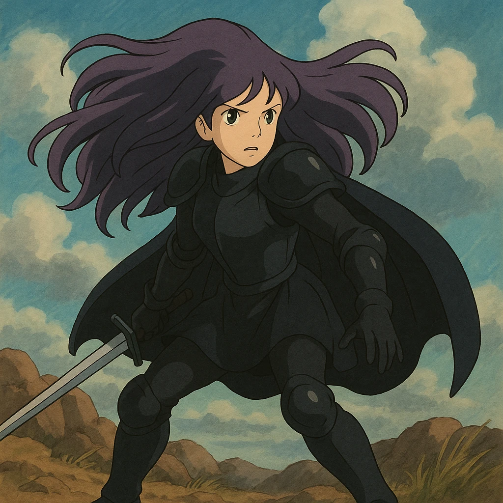 A mysterious warrior girl with flowing purple hair, dressed in black armor, in a dramatic stance, ghibli-inspired style. emoji