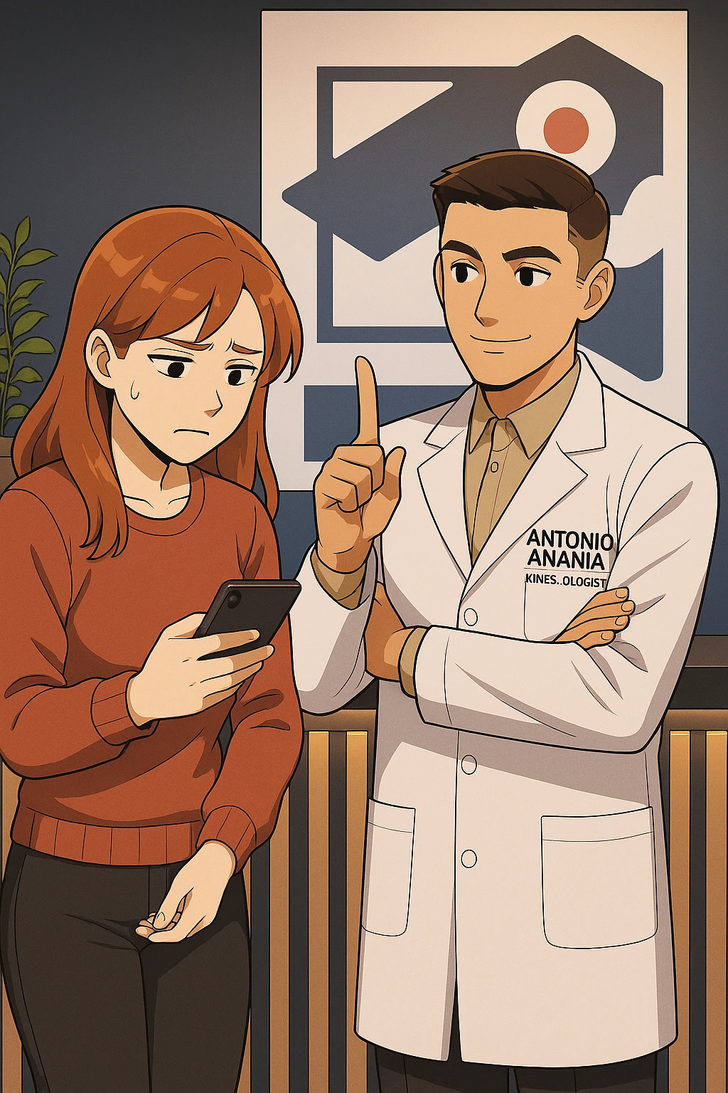 su questo stile fai un manga/webtoon a colori in cui una donna CONTROLLA LO SMARTPHONE MENTRE PARLA CON L'UOMO, l'uomo della foto in stile manga LE DICE DI "NO" CON IL DITO, mantieni un ambiente simile alla foto che ho allegato con il suo logo (sarebbe il suo studio, lui è un kinesiologo), scrivigli "ANTONIO ANANIA" sul camice bianco, non mettere fumetti, ma fai in modo che sembri che la donna CONTROLLI LO SMARTPHONE E L'UOMO CON I GESTI LE FACCIA CAPIRE CHE STA SBAGLIANDO emoji