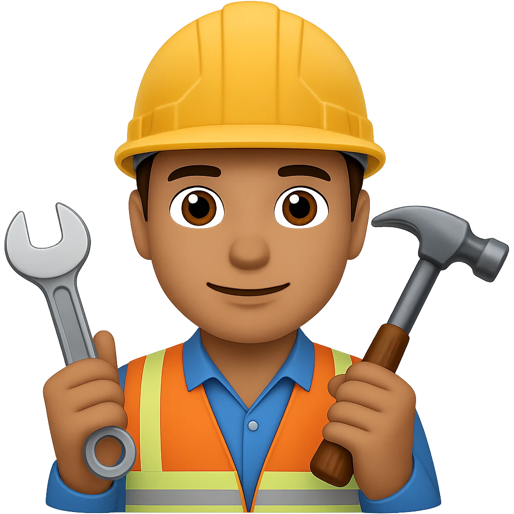 Add construction tools like a wrench and hammer to the civil engineer wearing hard hat in the style of apple emojis with no background. emoji