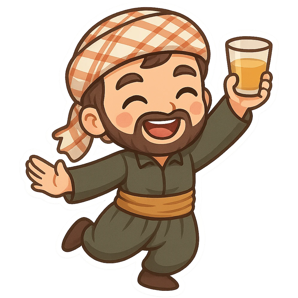 Kurdish man or woman in jamadani, cartoon style, joyful and festive, celebrating with a dance or raised glass, no text emoji