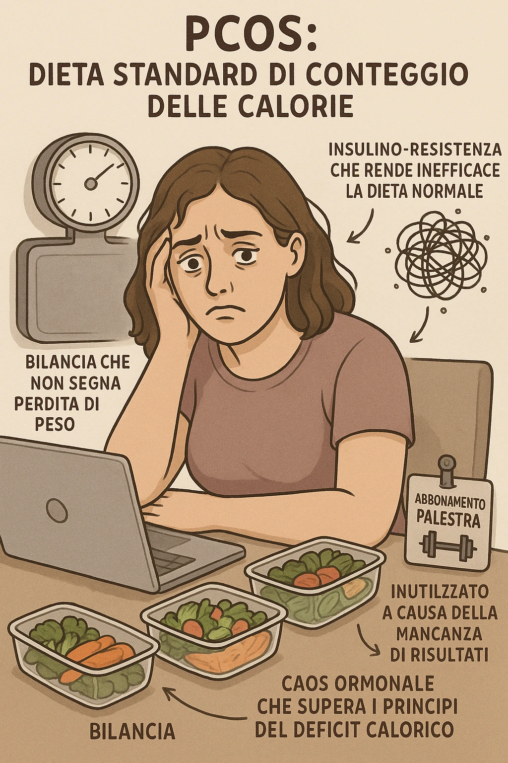"Desperate woman with PCOS following standard calorie-counting diet, scale showing no weight loss despite strict adherence, expression of confusion and defeat, meal prep containers with healthy foods, insulin resistance making normal dieting ineffective, hormonal chaos overriding caloric deficit principles, gym membership unused due to lack of results scritte in italiano emoji