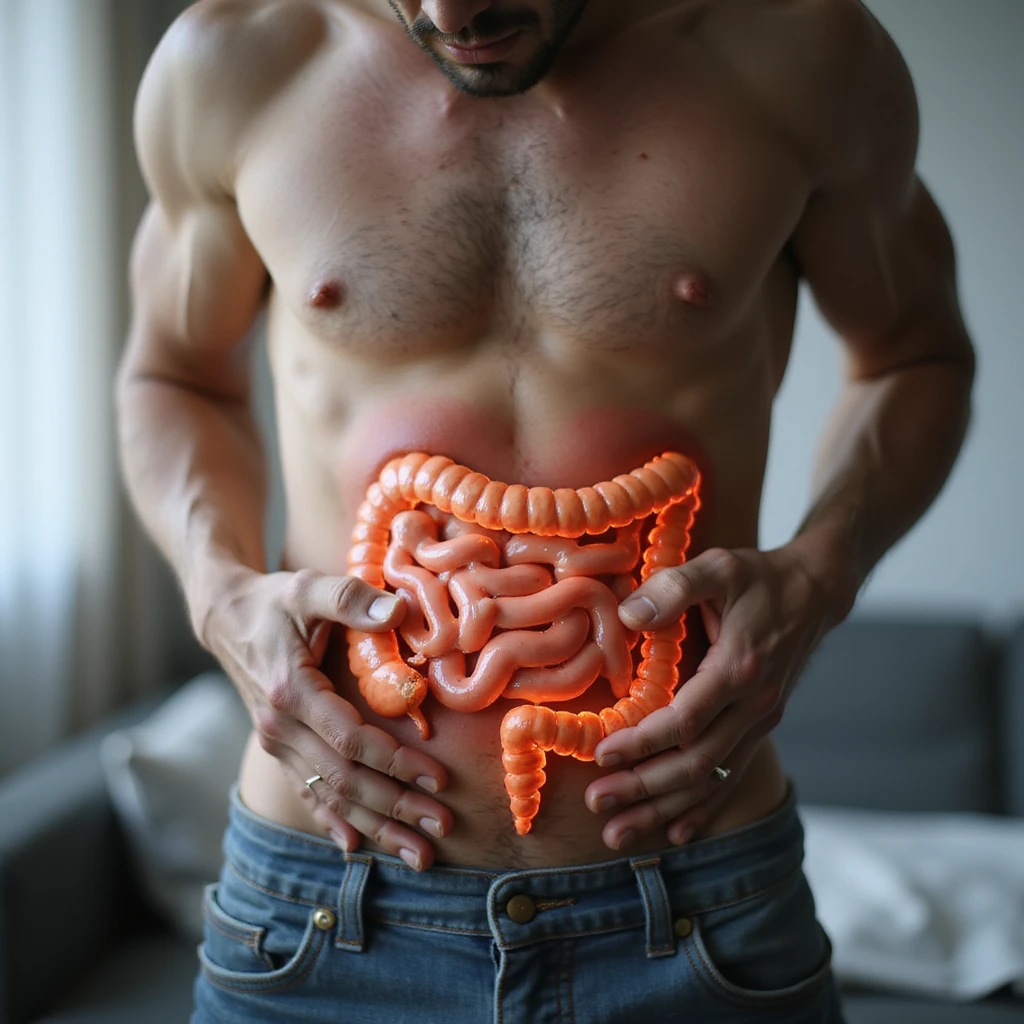 realistic man with athletic but swollen and reddened abdomen, stylized intestine highlighted with inflamed zones, expression of pain, natural light, clinical background, 4K quality emoji