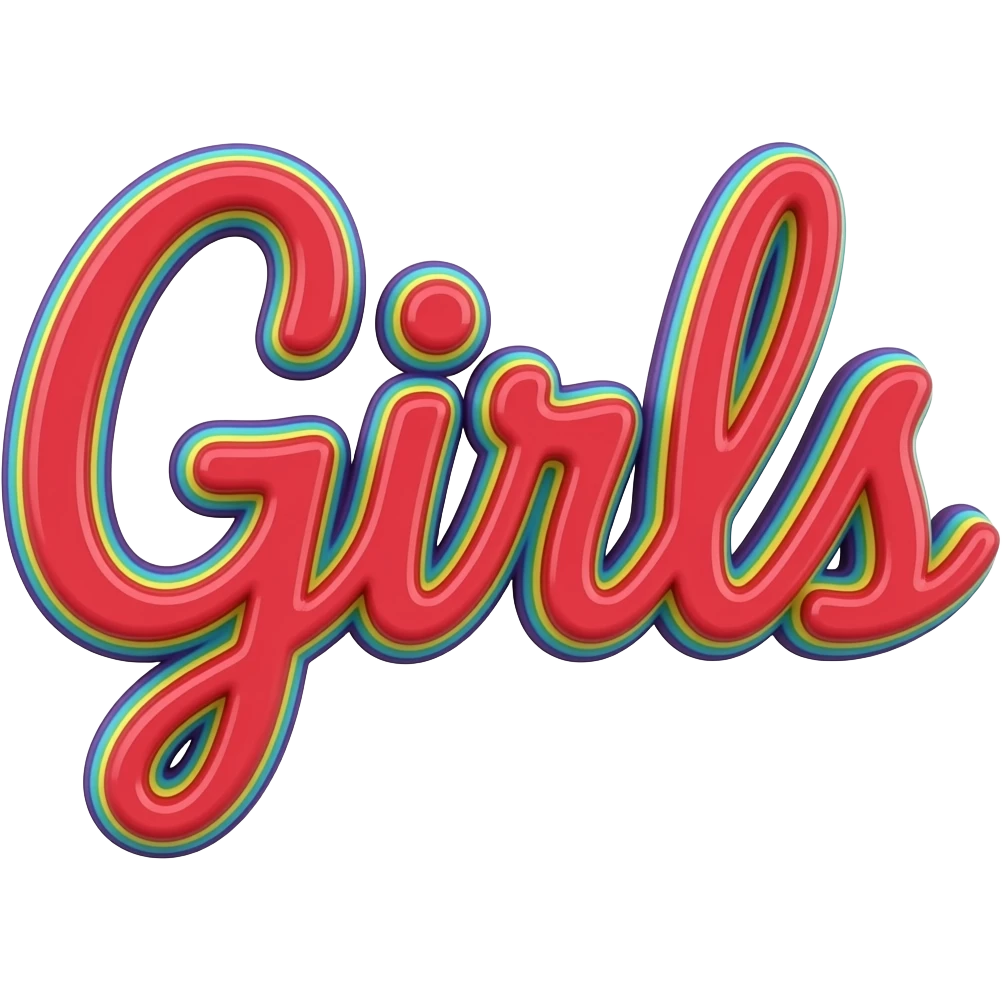 name "Girls" in raspberry red 3D style typography lettering, each color of the rainbow as a border outlined around each letter, isolated, 3d rendering, no emoji icons no emoji faces and must have no human figures emoji