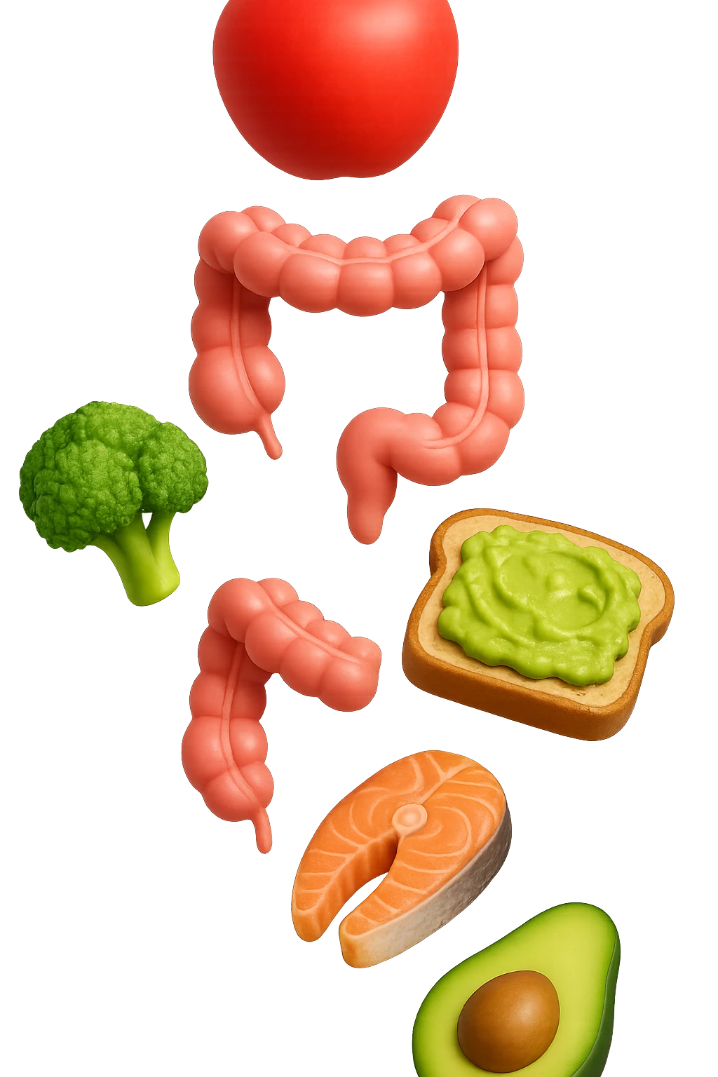 emoji stile iphone in 3d di cibo sano che fluttua in aria vericalmente insieme ùa pezzi di colon umano anatomico, iperrealistico 4k emoji