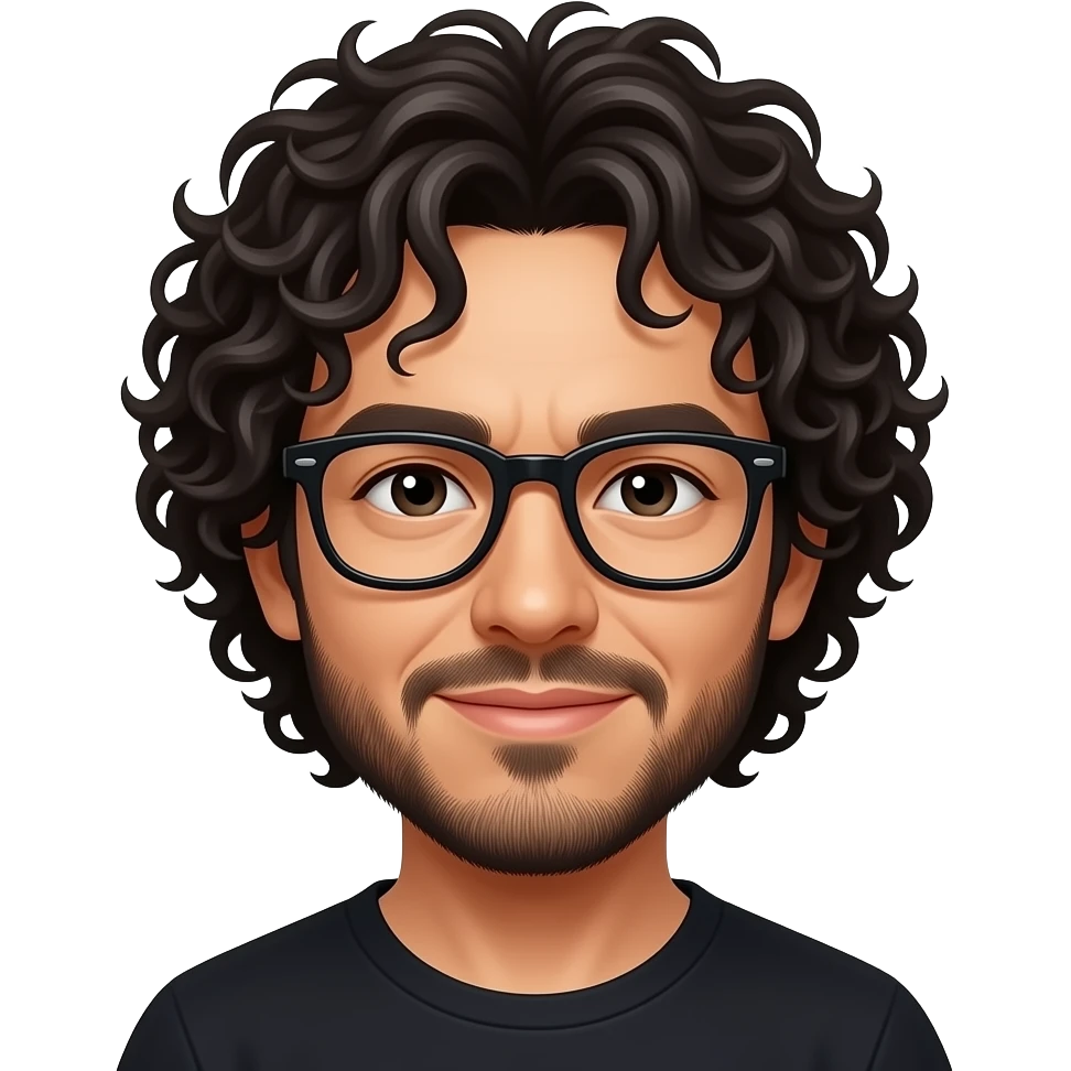 TOMIHITS cantante de rock que usa lentes. Pelo con rulos y barba emoji