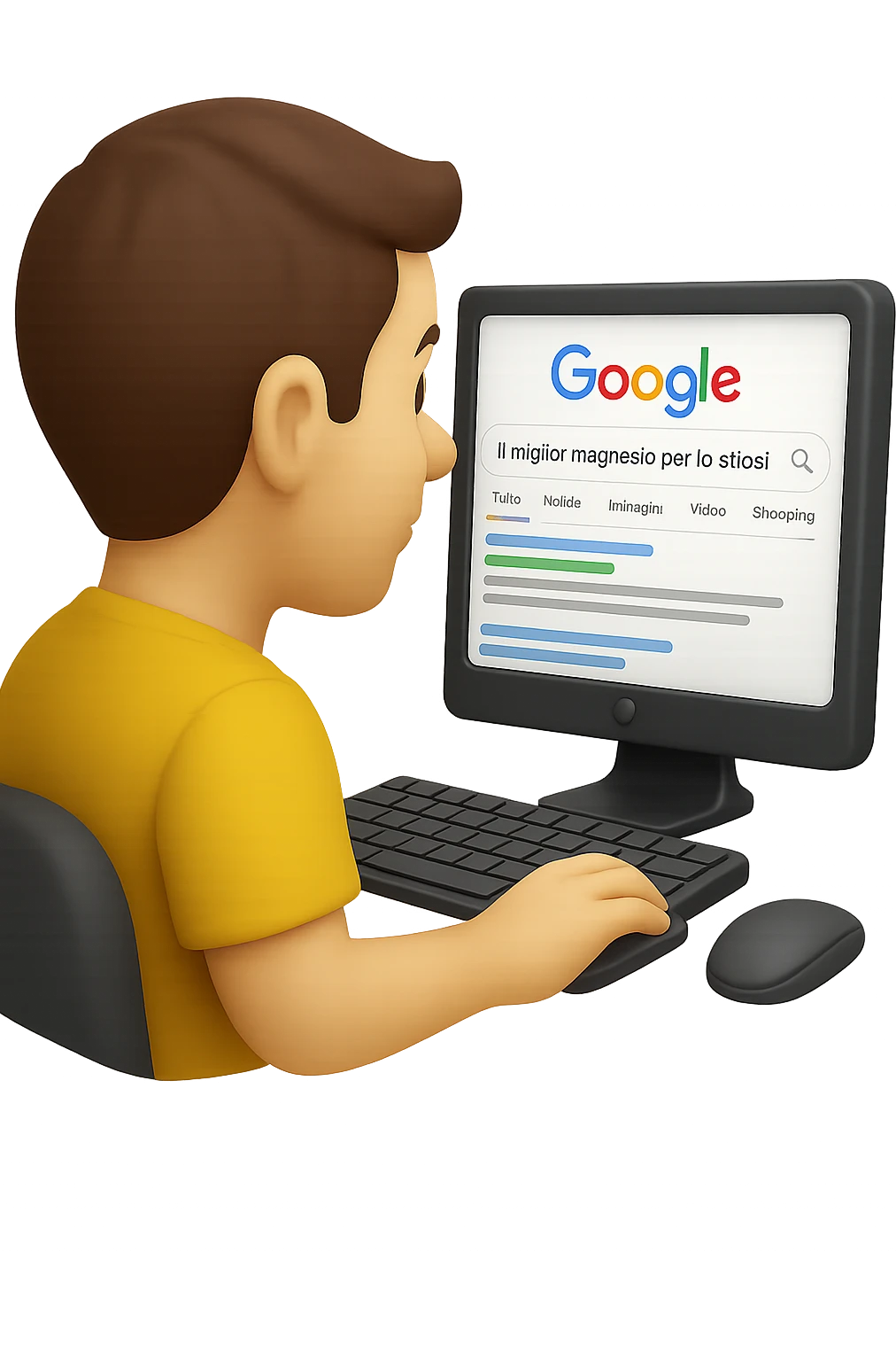 emoji stile iphone di un uomo davanti al pc che cerca di google: "Il miglior magnesio per la stipsi", iperrealistico 4k emoji