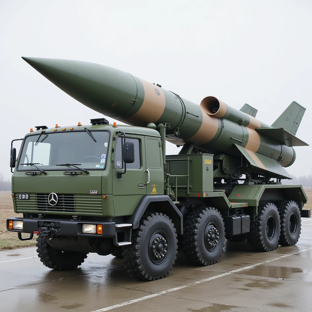 Iskander-M missile system, rocket carrier truck, realistic style, detailed, top view emoji
