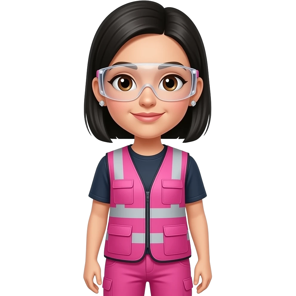 White women with brown eyes with neck length straight black hair in a ponytail wearing diamond earrings wearing pink and clear safety glasses wearing a pink construction vest wearing pink pants emoji