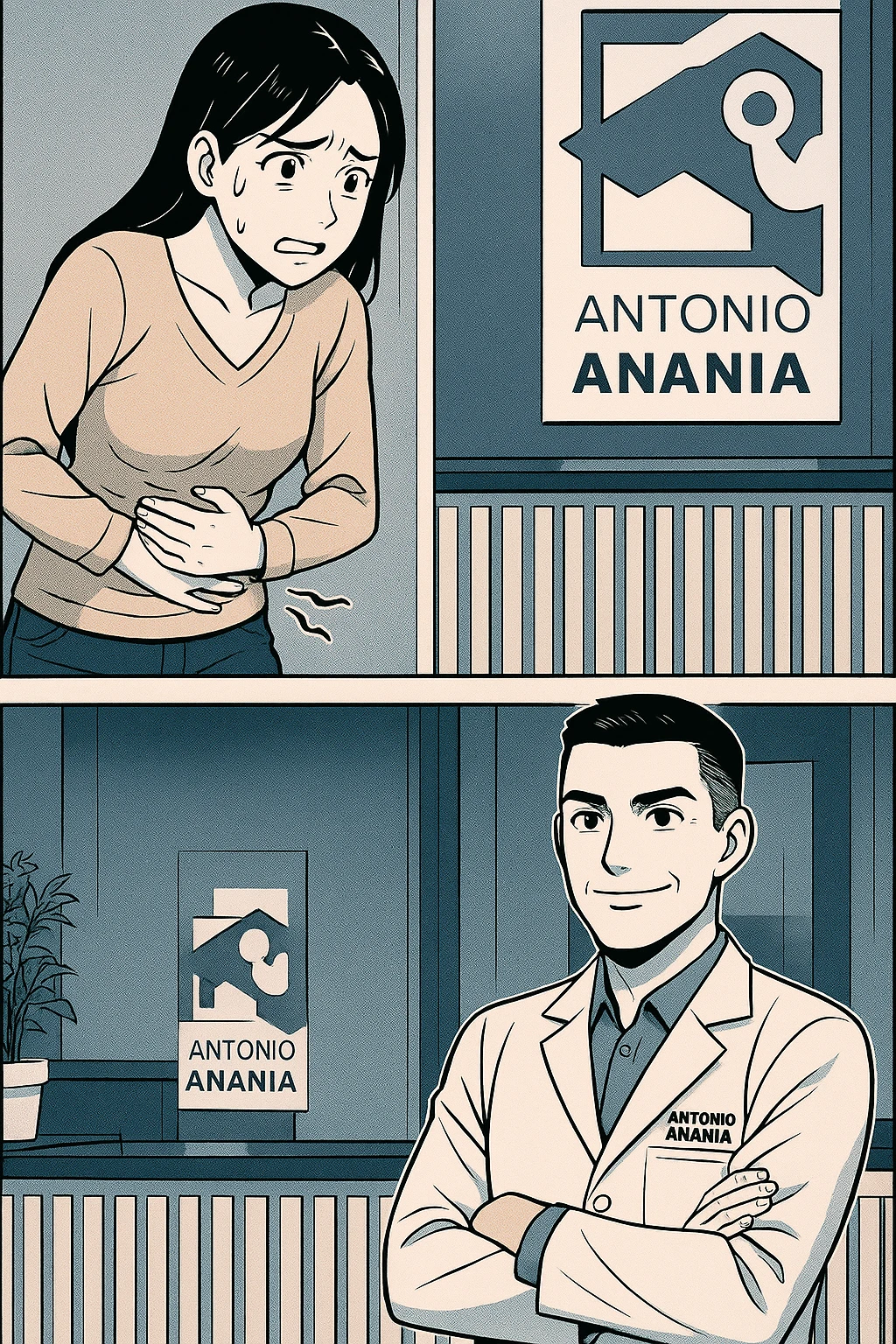 su questo stile fai un manga/webtoon a colori in cui una donna si lamenta che sta male e ha mal di pancia, l'uomo della foto in stile manga gli risponde, mantieni un ambiente simile alla foto che ho allegato con il suo logo (sarebbe il suo studio, lui è un kinesiologo), scrivigli "ANTONIO ANANIA" sul camice bianco, non mettere fumetti, ma fai in modo che sembri che la donna chiede una cosa e l'uomo risponde alla sua domanda emoji