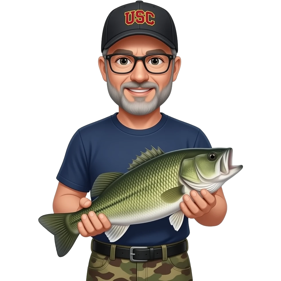 an adult man with a gray beard with a navy blue sleeve T-shirt, and camouflage carpenter shorts and black baseball hat with USC in burgundy wearing glasses holding a bass fish emoji