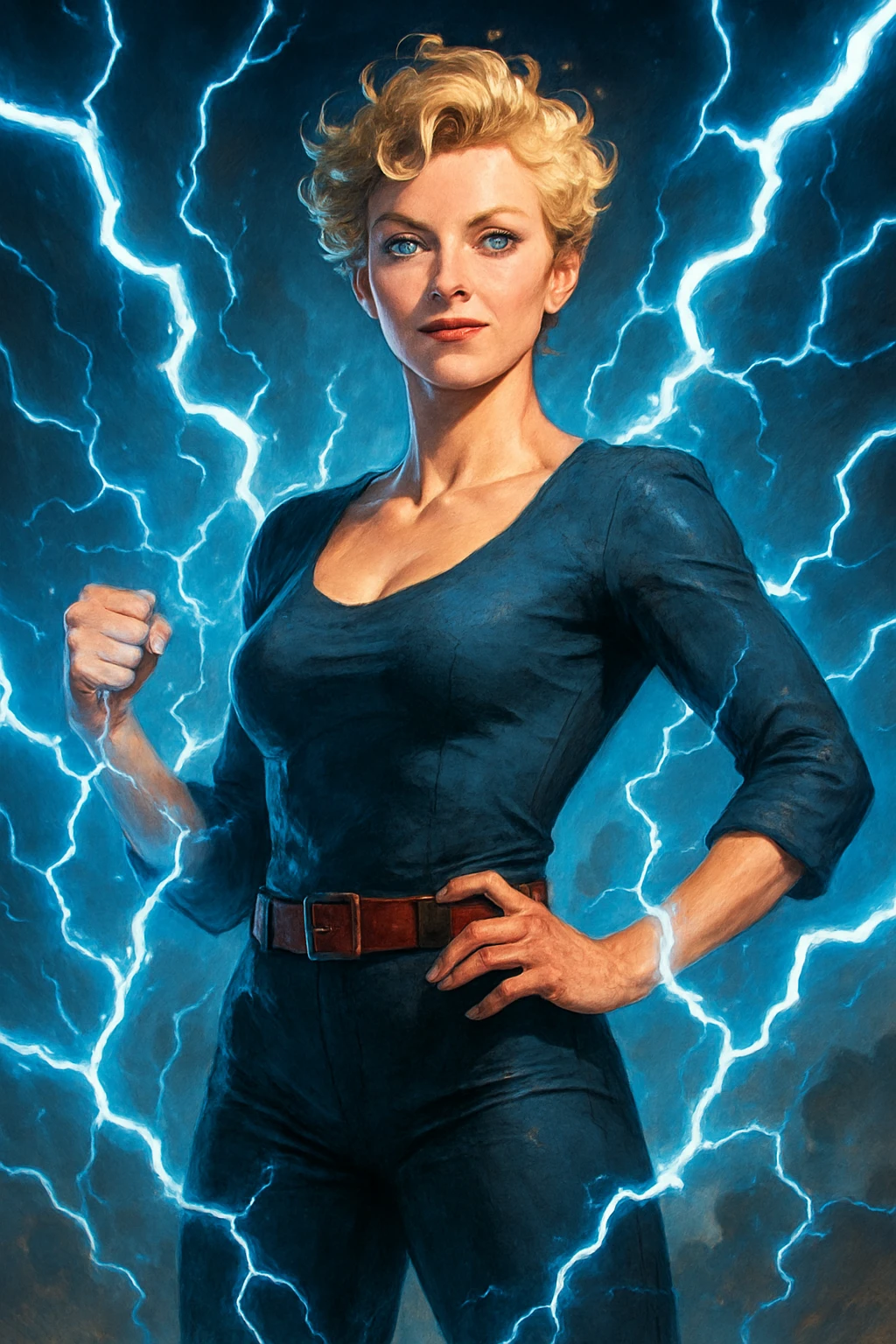 a woman with short curly blonde hair, blue eyes, and blue electricity crackling around her, confident pose emoji