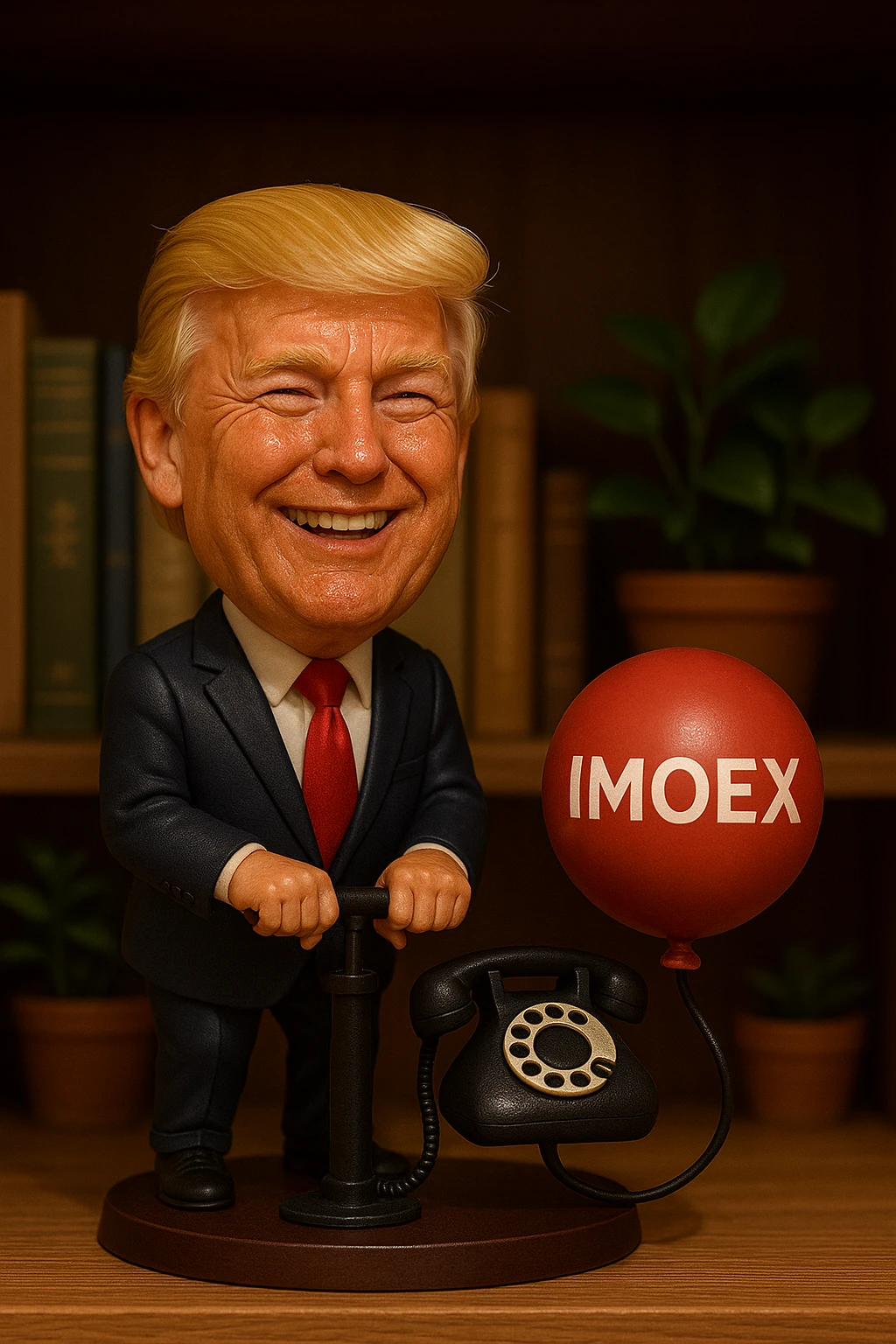 Дональд Трамп  улыбается в поте лица качает через насос в виде телефонного аппарата, который подключен к шарику, который символизирует фондовый рынок и на нём написано IMOEX emoji