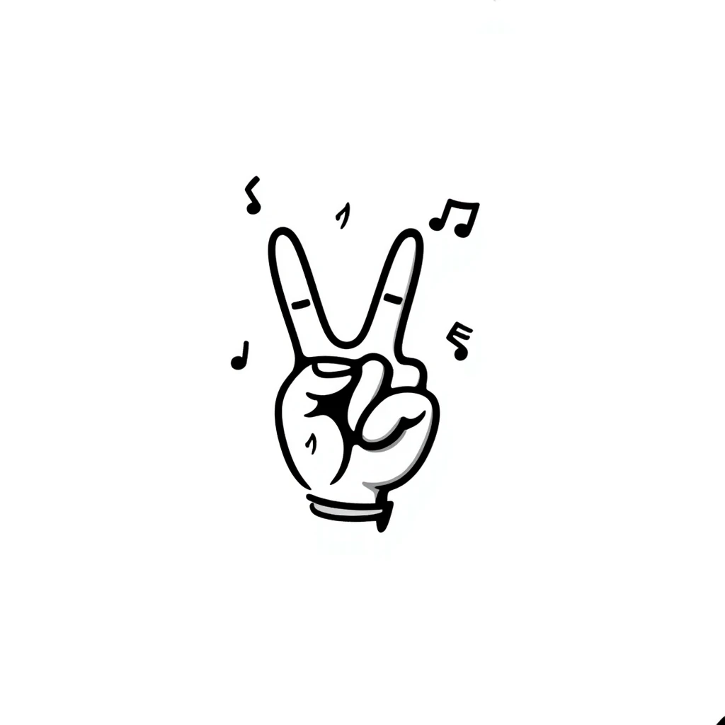 symmetrical hand making rock sign with musical details, stylized doodle style, square format, emoji style emoji