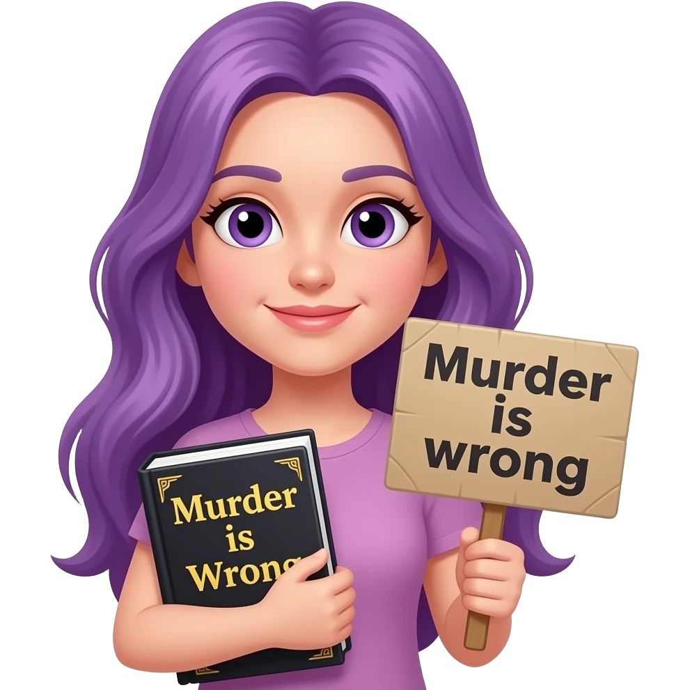 girl with long purple hair with a BOOKZ... because MURDER is wrong sign emoji