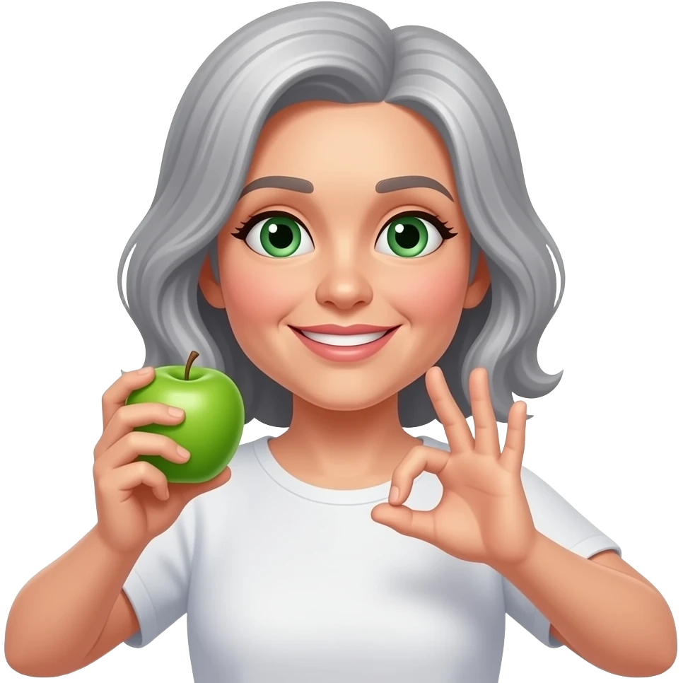 Lady around 45  with Green eyes beautiful grey hair and with Green apple and sending heart emoji