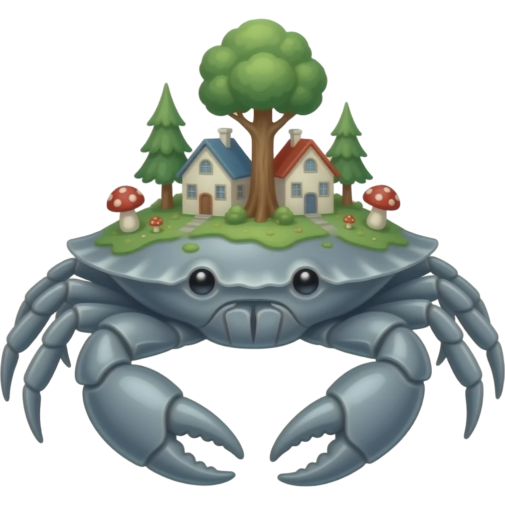 A Gray crab with houses on top of its shell in trees on it and also with mushrooms on it emoji